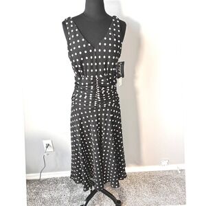 Jolibel vintage Polka Dot Dress Ruched Sleeveless Midi Dress Black White Size S
